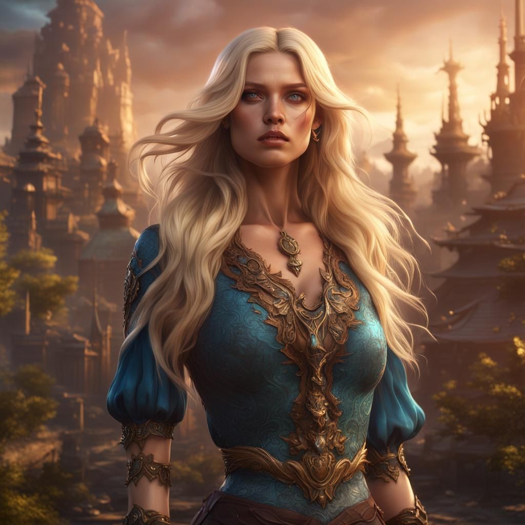 Blonde in Sheer Blouse: Detailed Matte Painting
