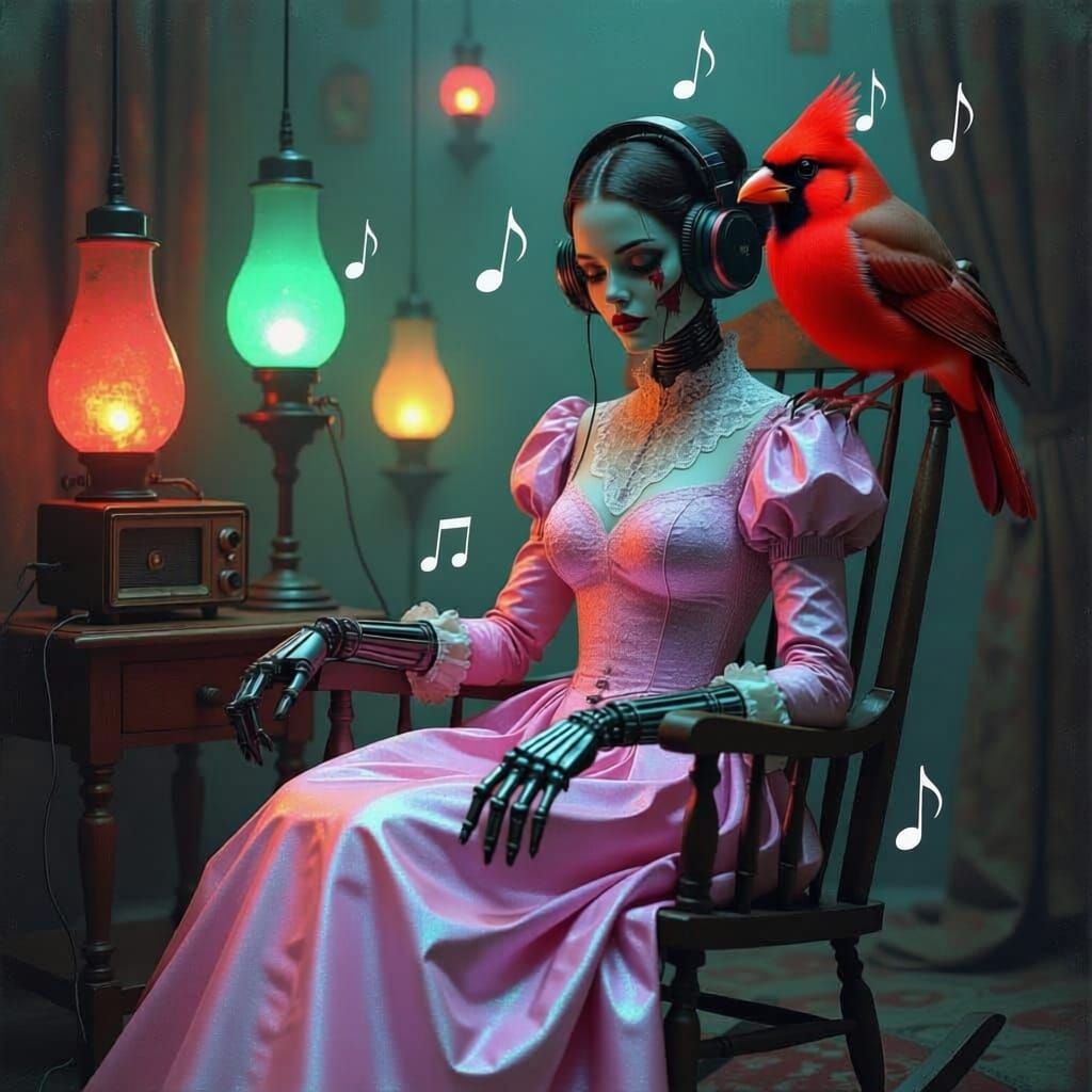 Rusted Fembot Zombie in Ball Gown with Vintage Radio