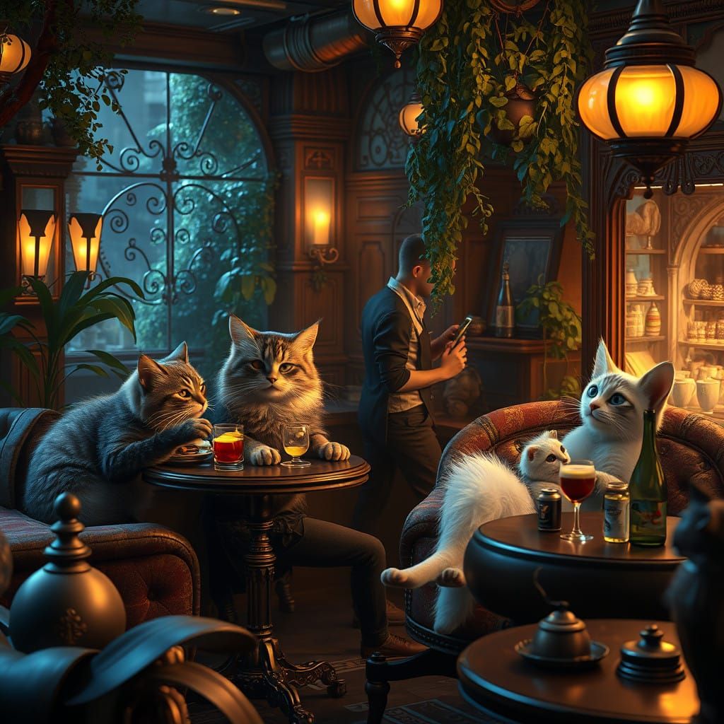 Whimsical Felines in Enchanted Cafe