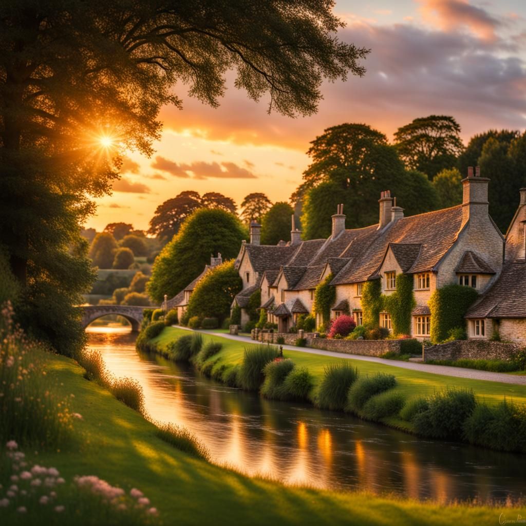 Bibury Summer Sunset: Detailed Oil Painting