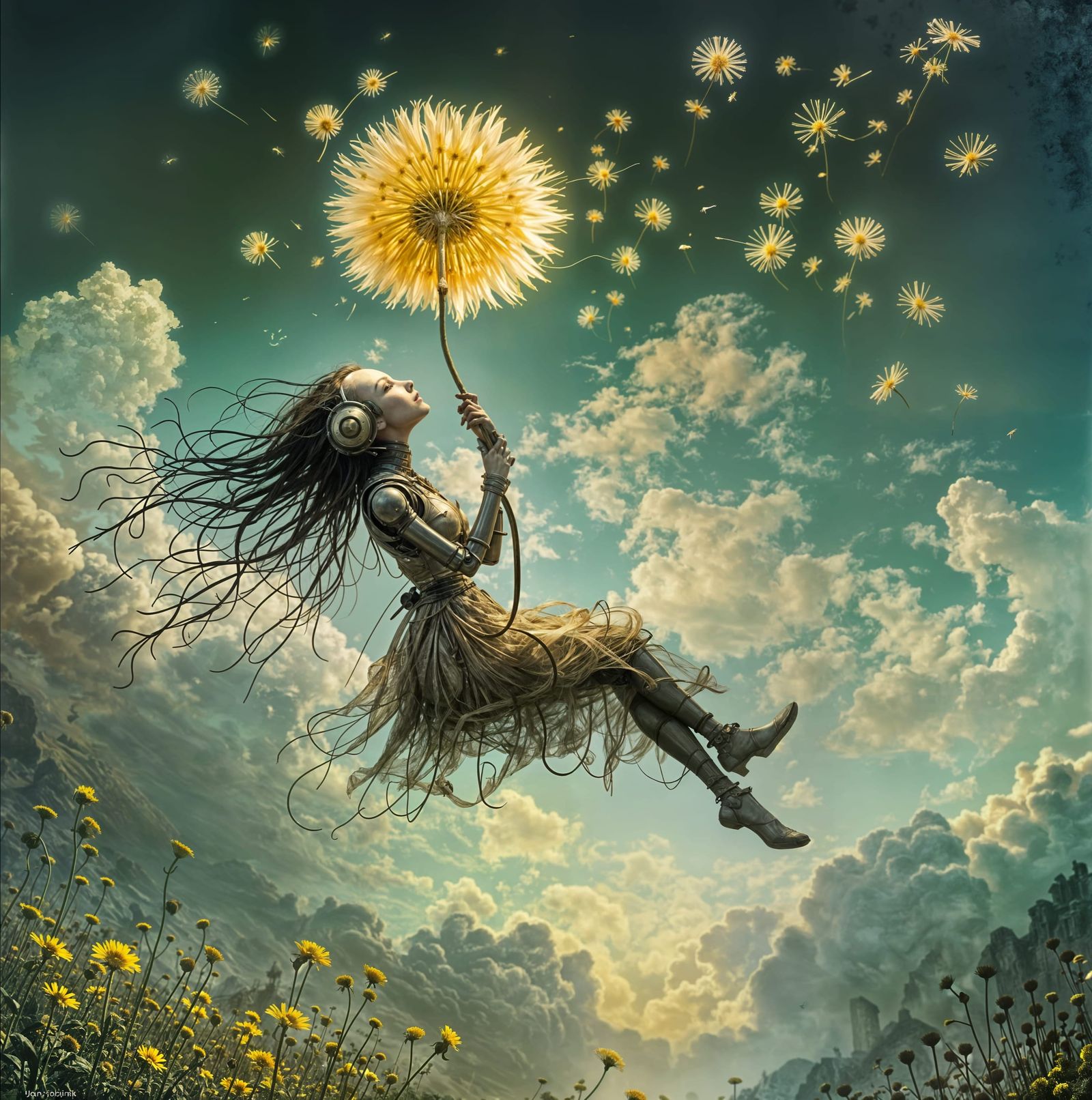 Whimsical Robot Maiden Adrift Amidst a Fantastical Dandelion