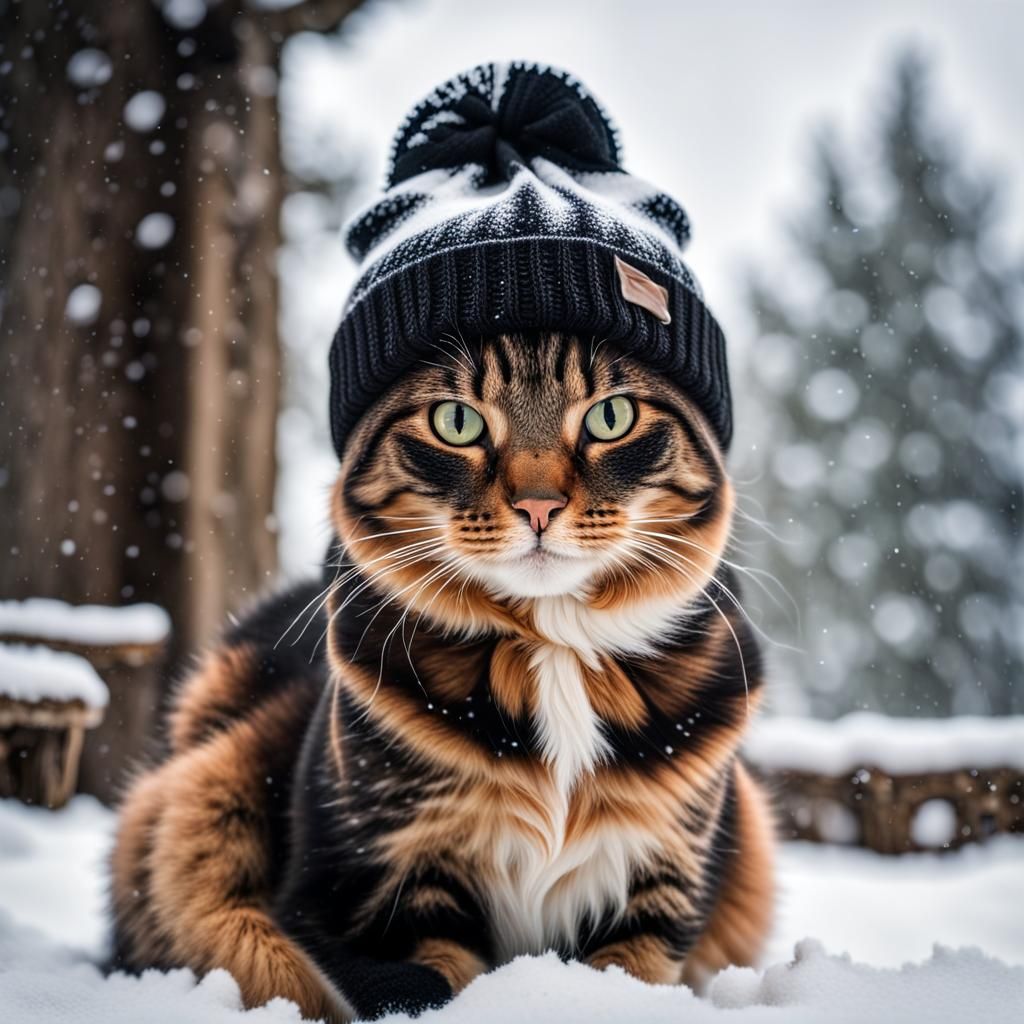 Calico Cat in Beanie Sitting in Snow