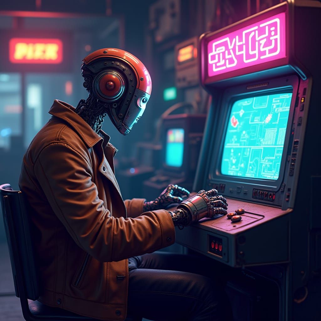 Retro-Futuristic Robot Gamer in Neon-Lit Arcade