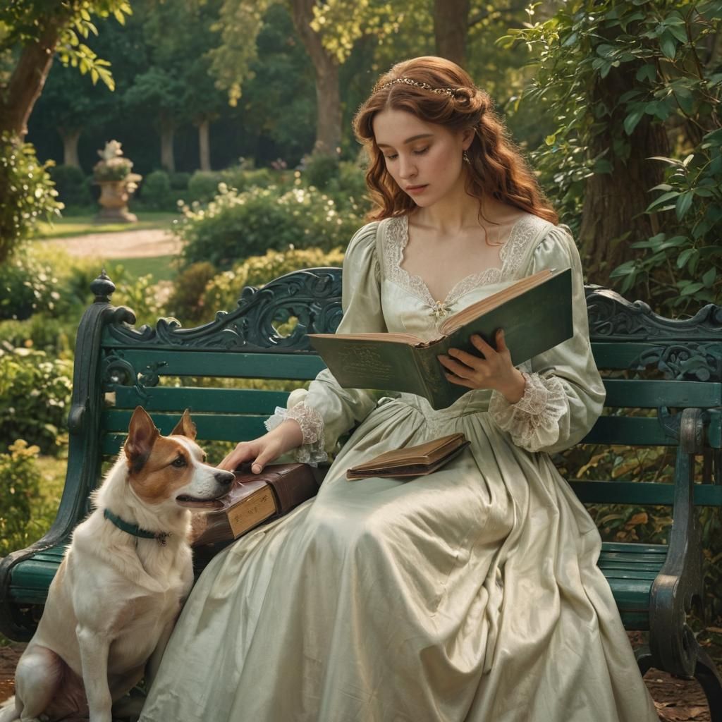 Aristocratic Woman Reading in Park: Pre-Raphaelite Style