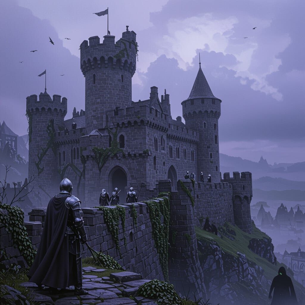 Gothic Castle on Misty Cliffside in Stormy Skies