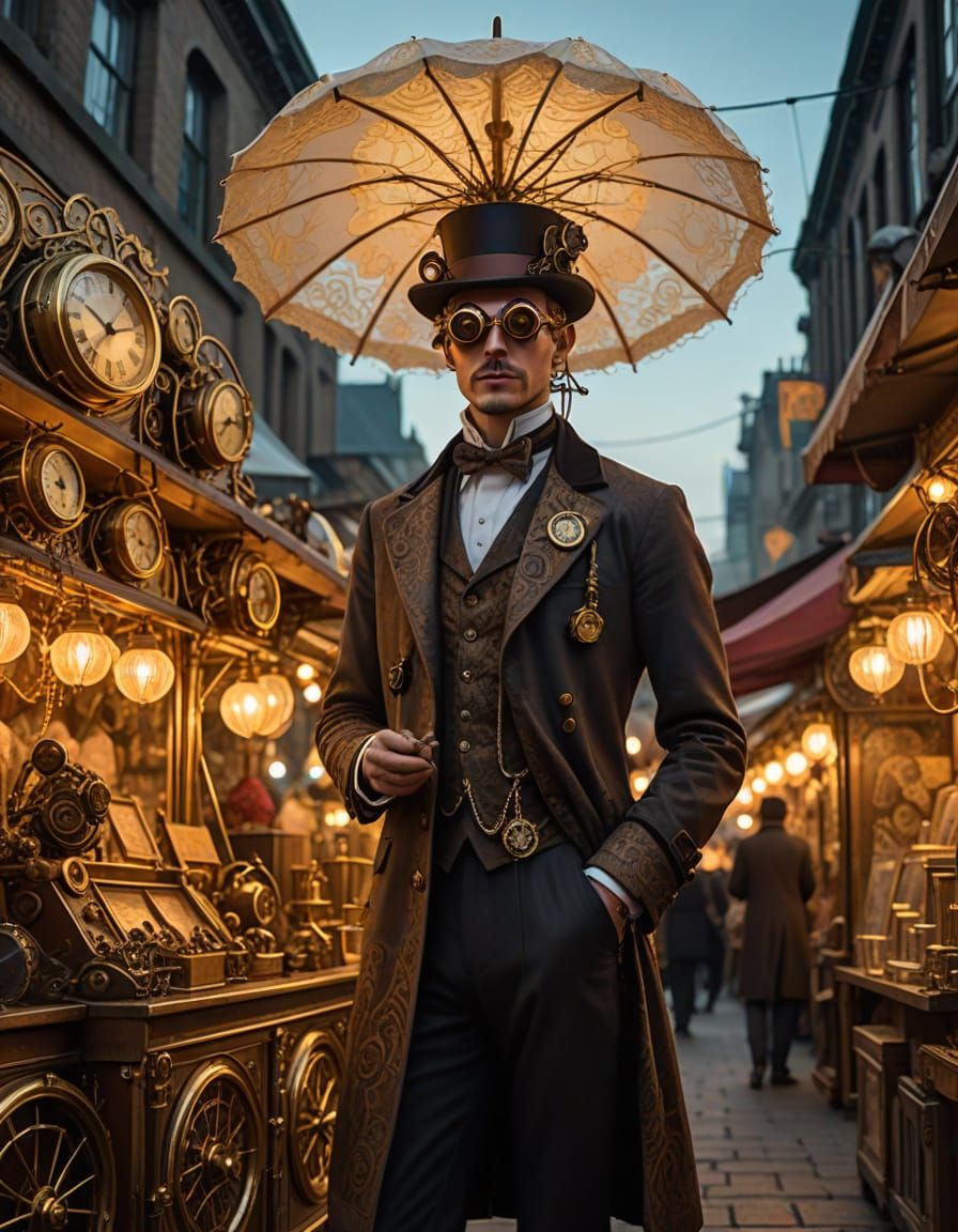 Steampunk Vendor in Whimsical Market Stall