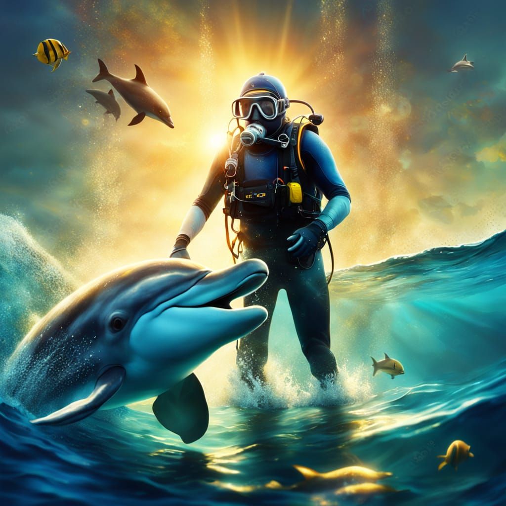 Underwater Diver and Dolphin in Oil Painting Style
