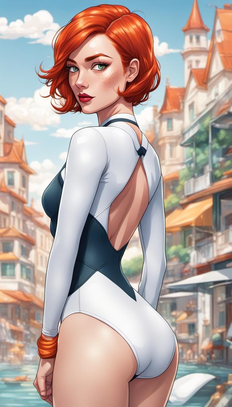 Redhead Woman in White Swimsuit: Cartoon Comic Art