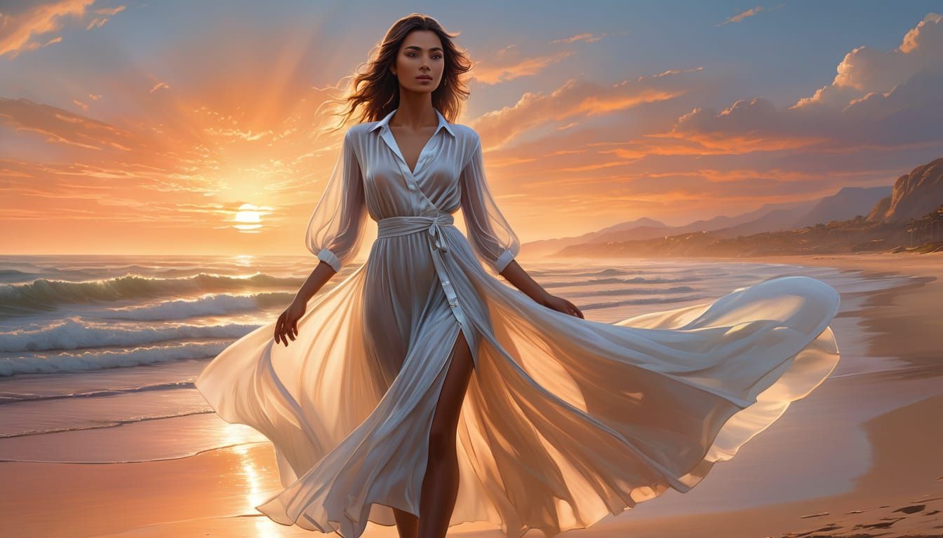 Woman on Beach at Sunset, Ethereal Oil Painting