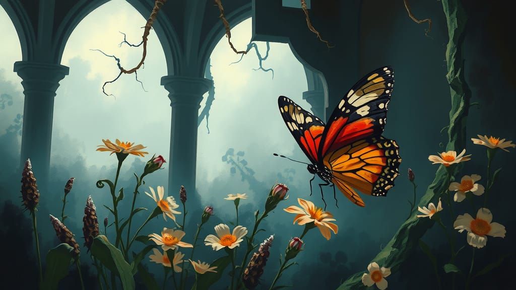 Butterfly in Gothic Garden with Expressive Brushstrokes