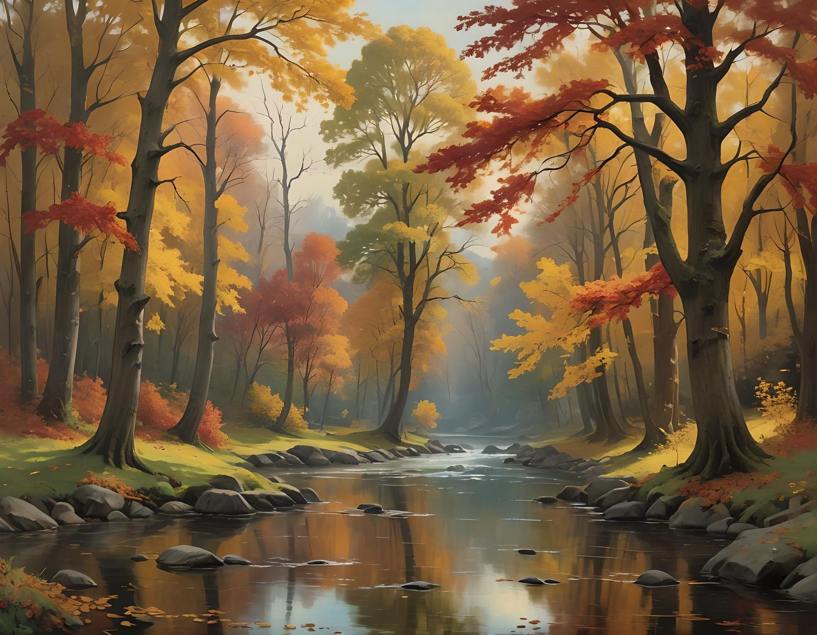 Autumn River Through Park as Oil Painting