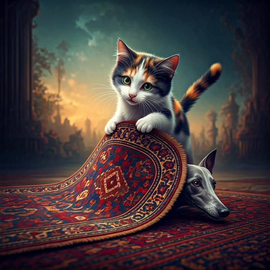 Whimsical Calico Cat's Rug Ride: Fantasy Concept Art
