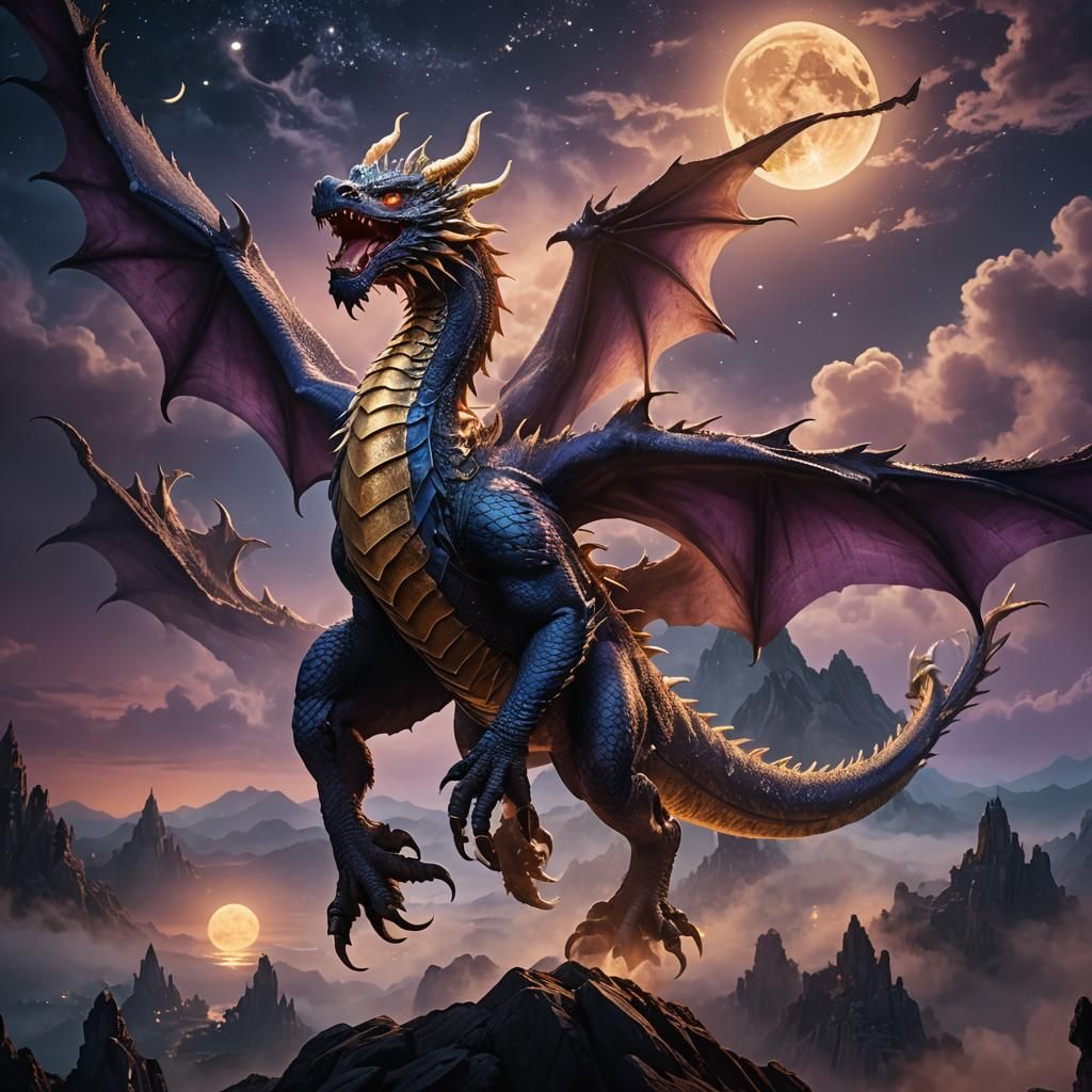Majestic Dragon Soaring Under Moonlight in Film Still