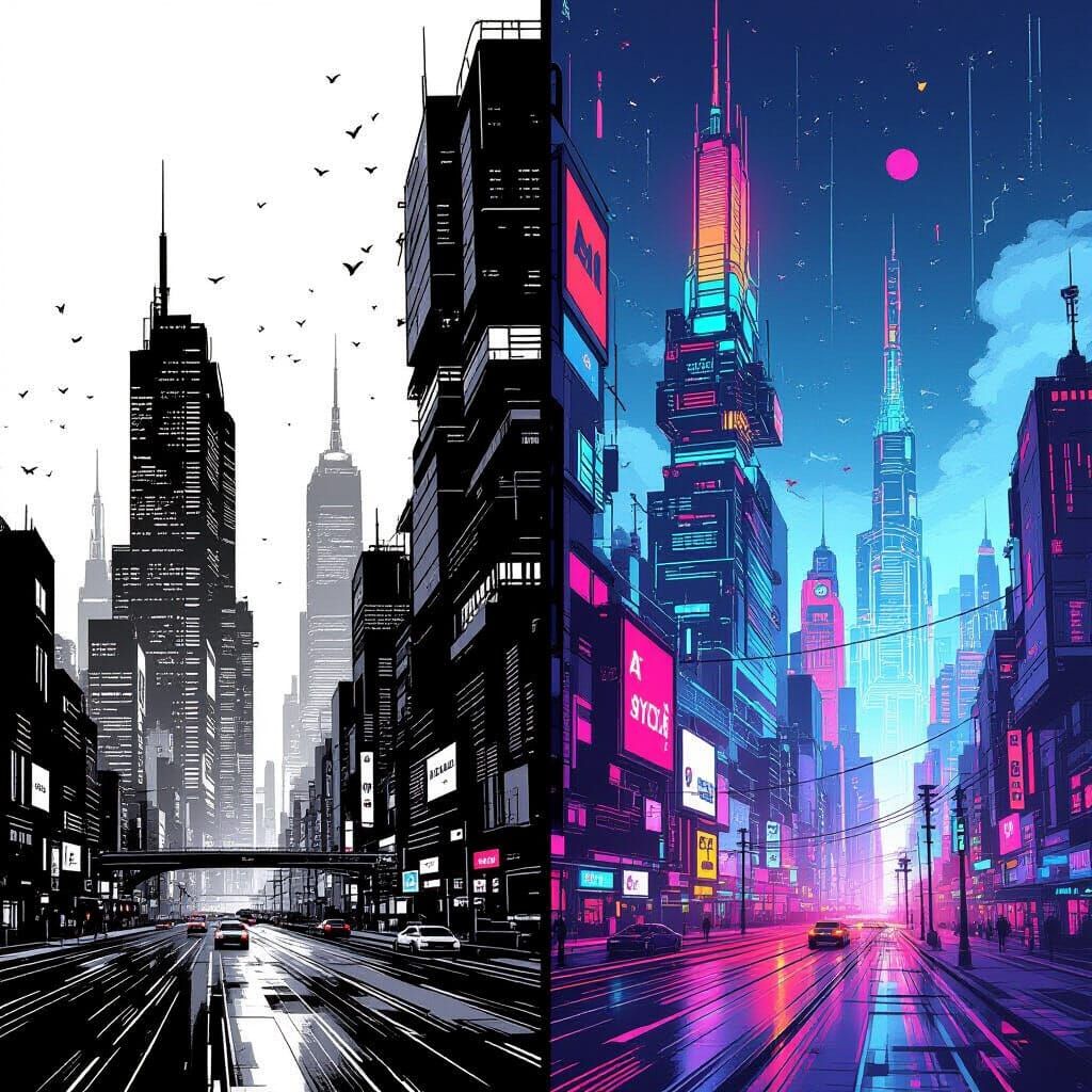 Cityscape: Modern Meets Cyberpunk Future, Illustrated
