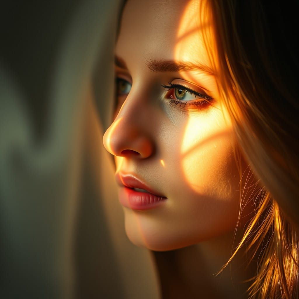 Ethereal Woman Lost in Thought, Golden Radiance