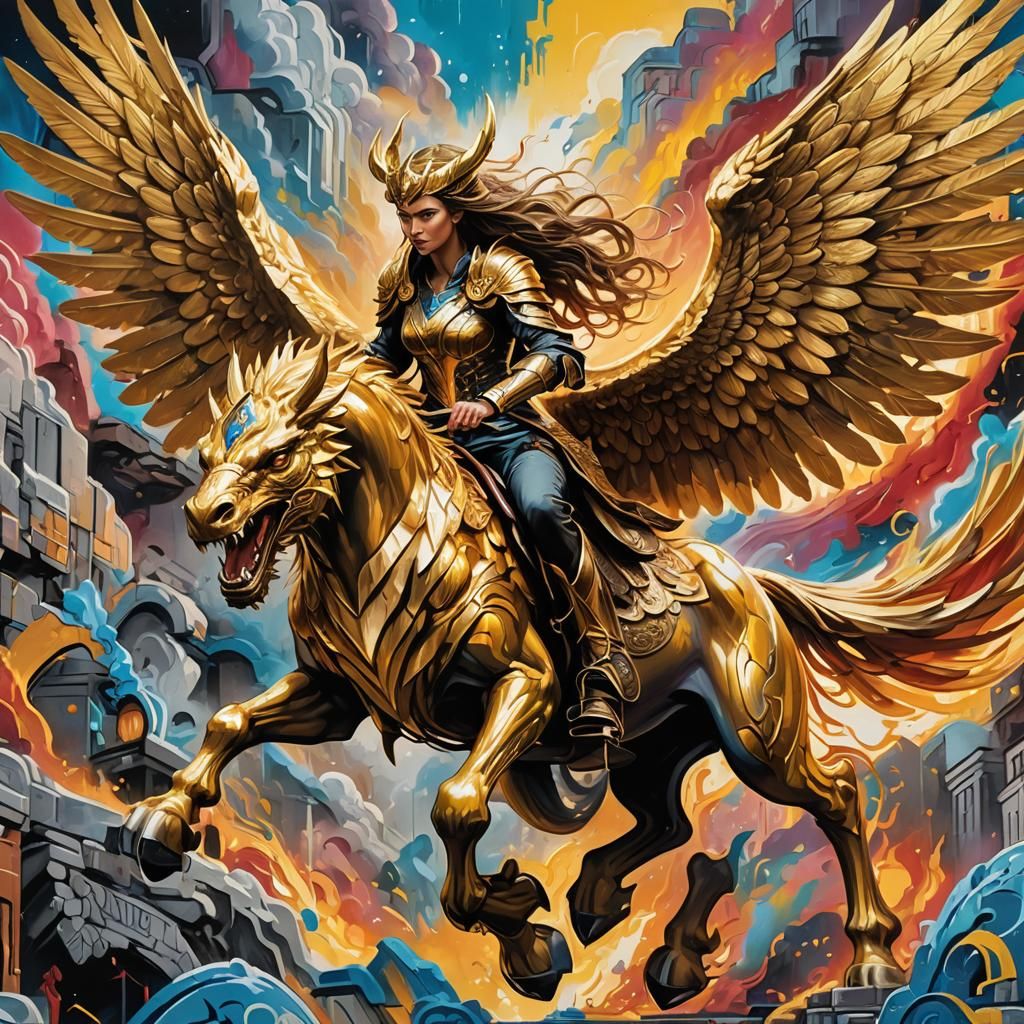 Valkyrie Rides Golden Griffin in Valhalla, Graffiti Art