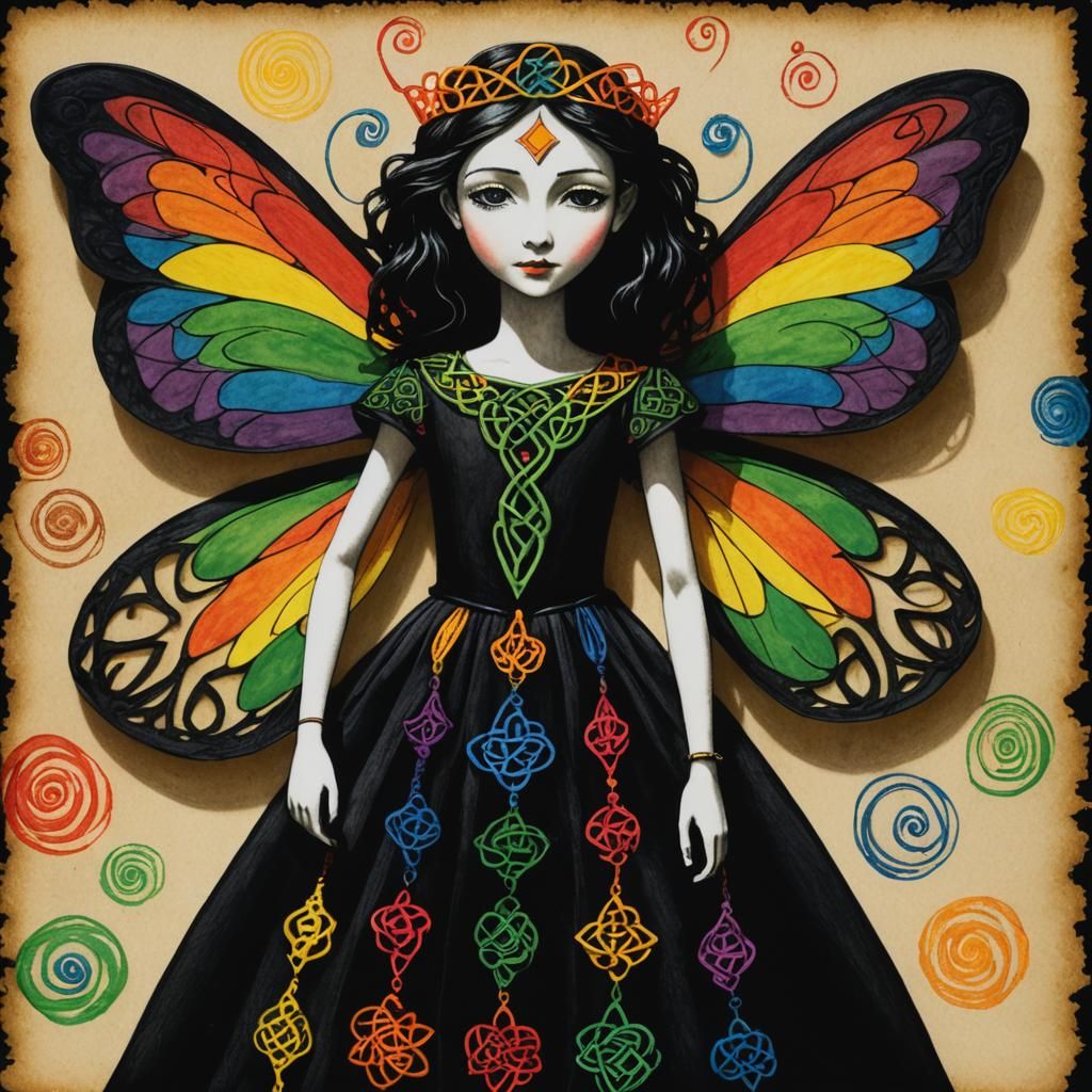 Celtic Fairy Princess Silhouette in Crayon Style