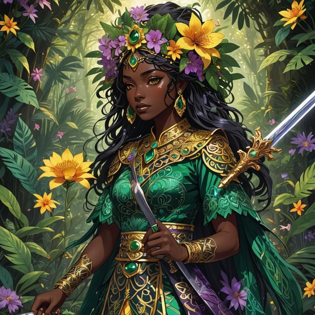 Aztec Girl with Sword in Anime Manga Style