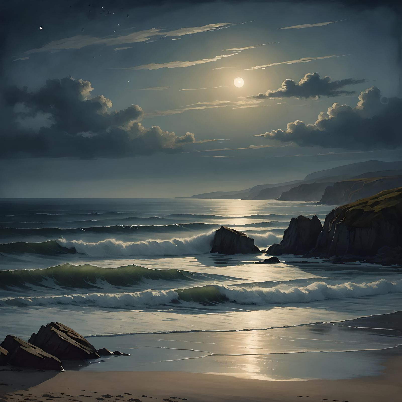 Ethereal Night Seascape with Starlight, Romantic Style
