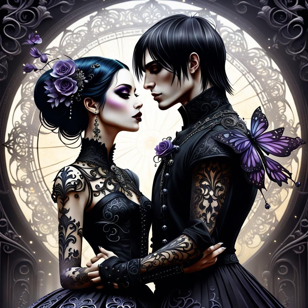 Romantic Goth Couple Kiss in Dark Fantasy Style