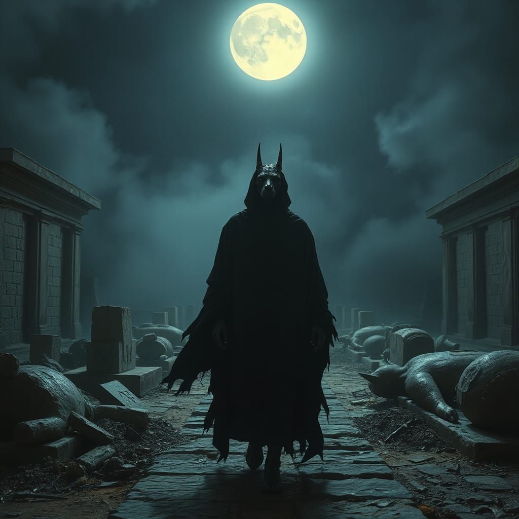 Anubis in Gothic Necropolis: A Dark Fantasy Scene