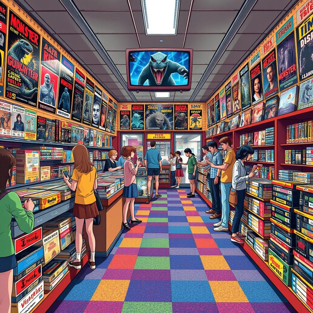 Retro Video Store Scene in Anime Style