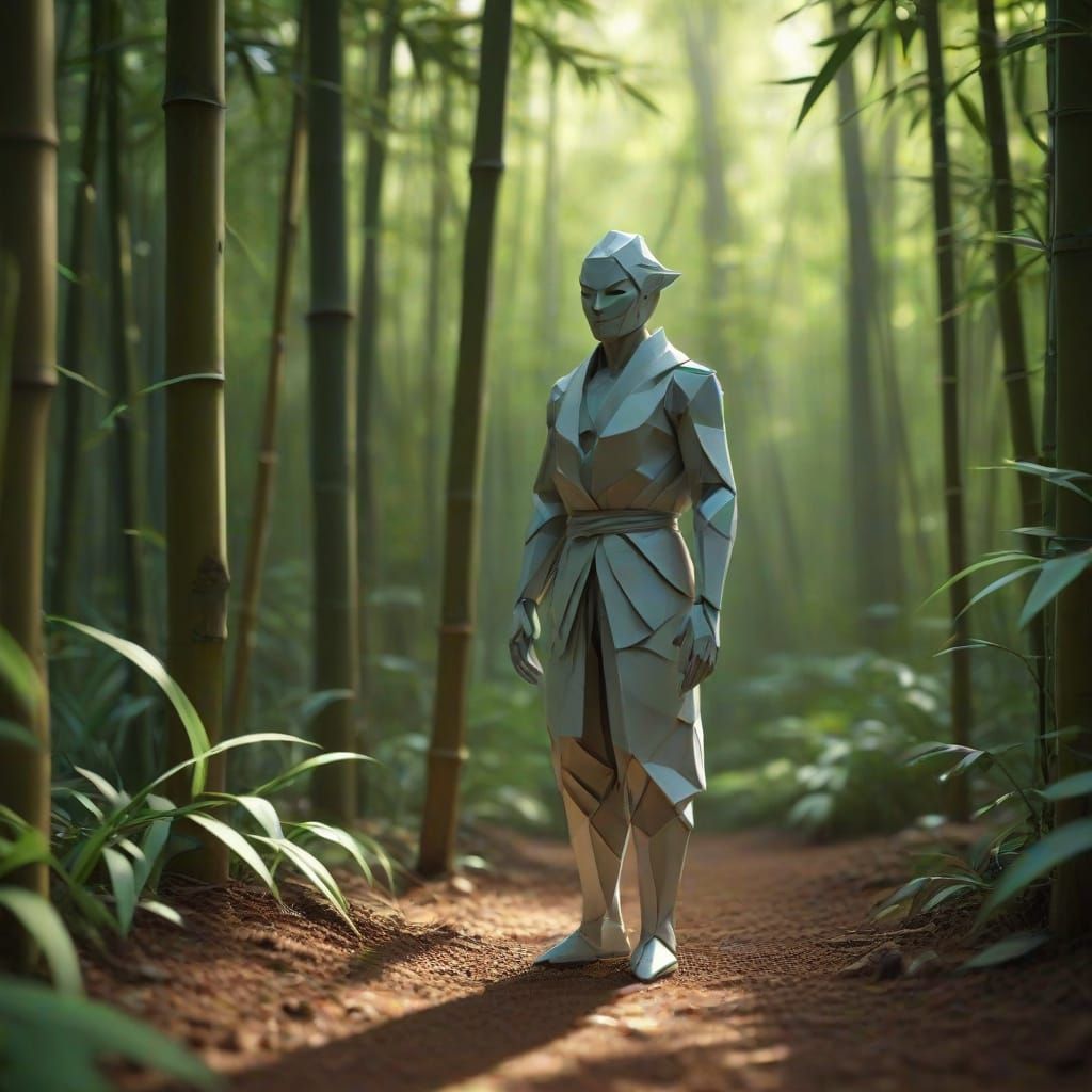 Origami Figure in Serene Bamboo Forest Digital Matte Paintin...