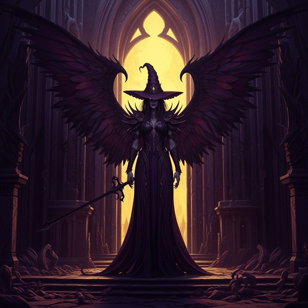 Dark Fae Witch in Sinister Castle with Shadow Wings