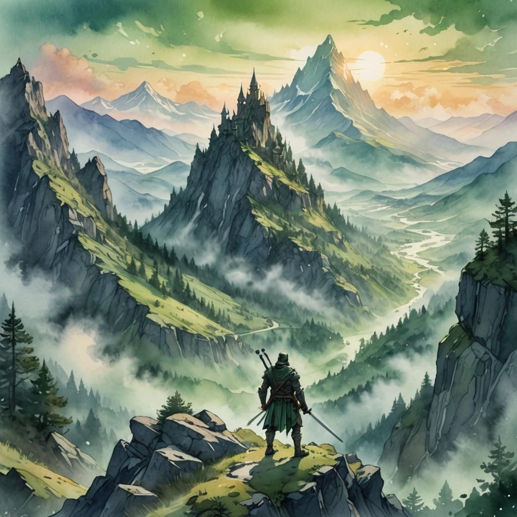 RPG Hero in Misty Landscape: Watercolor Illustration