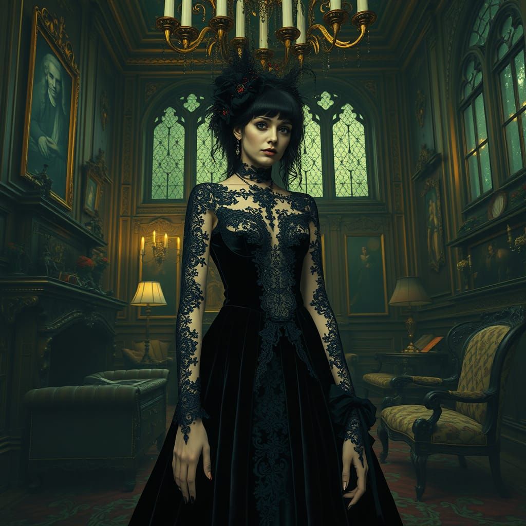 Gothic Beauty in Victorian Mansion, Surrealist Style