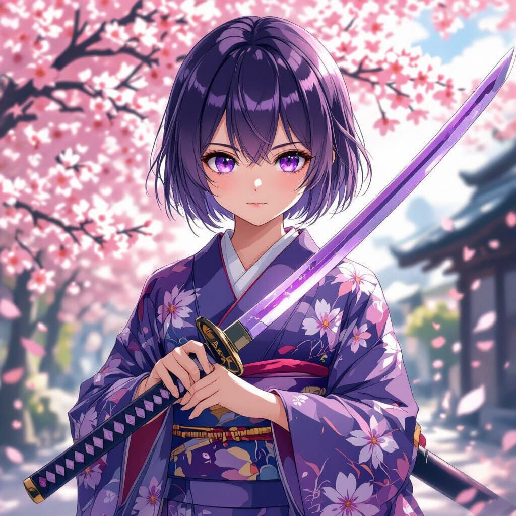 Purple Haired Girl with Katana in Anime Style