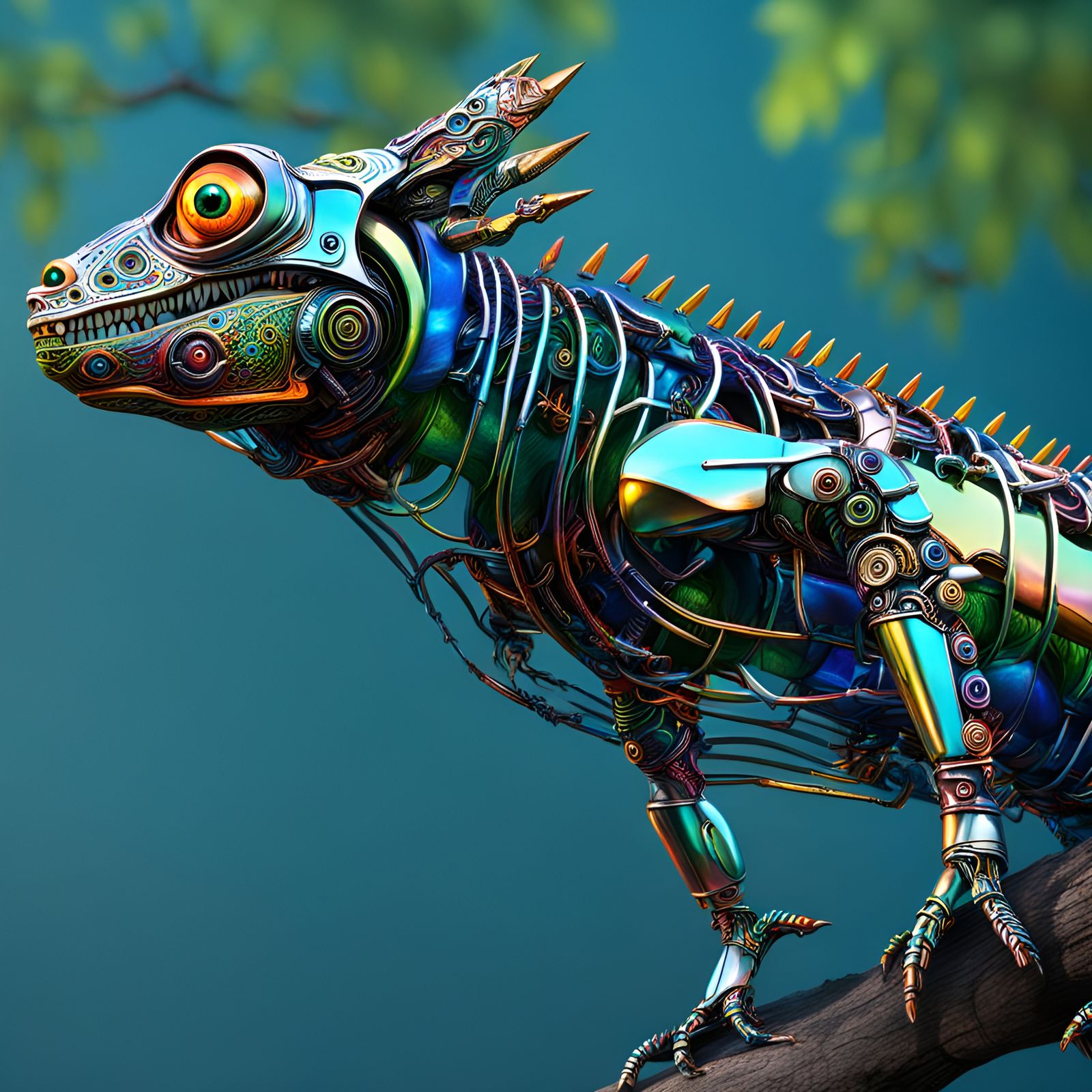 Cybernetic Lizard on Intricate Metal Branch