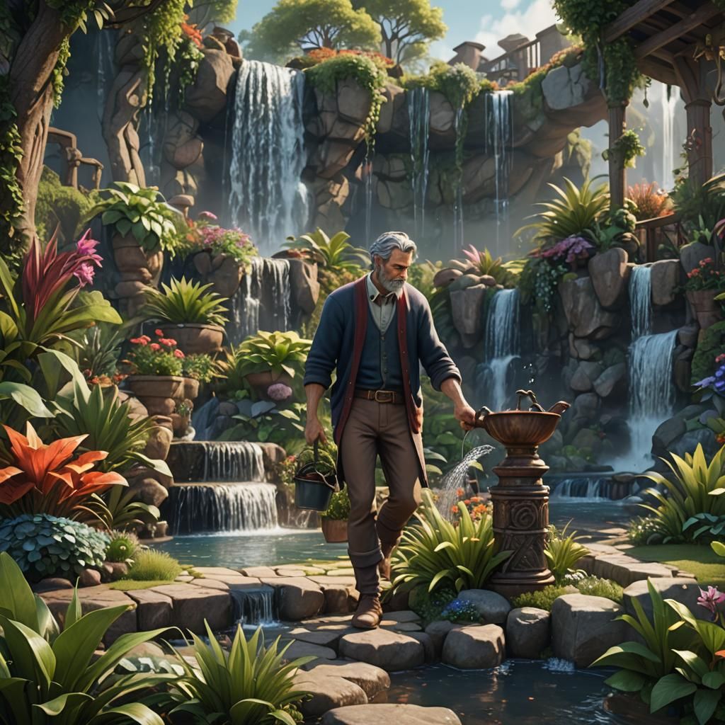 Buff Man Gardening in Western Animation Style