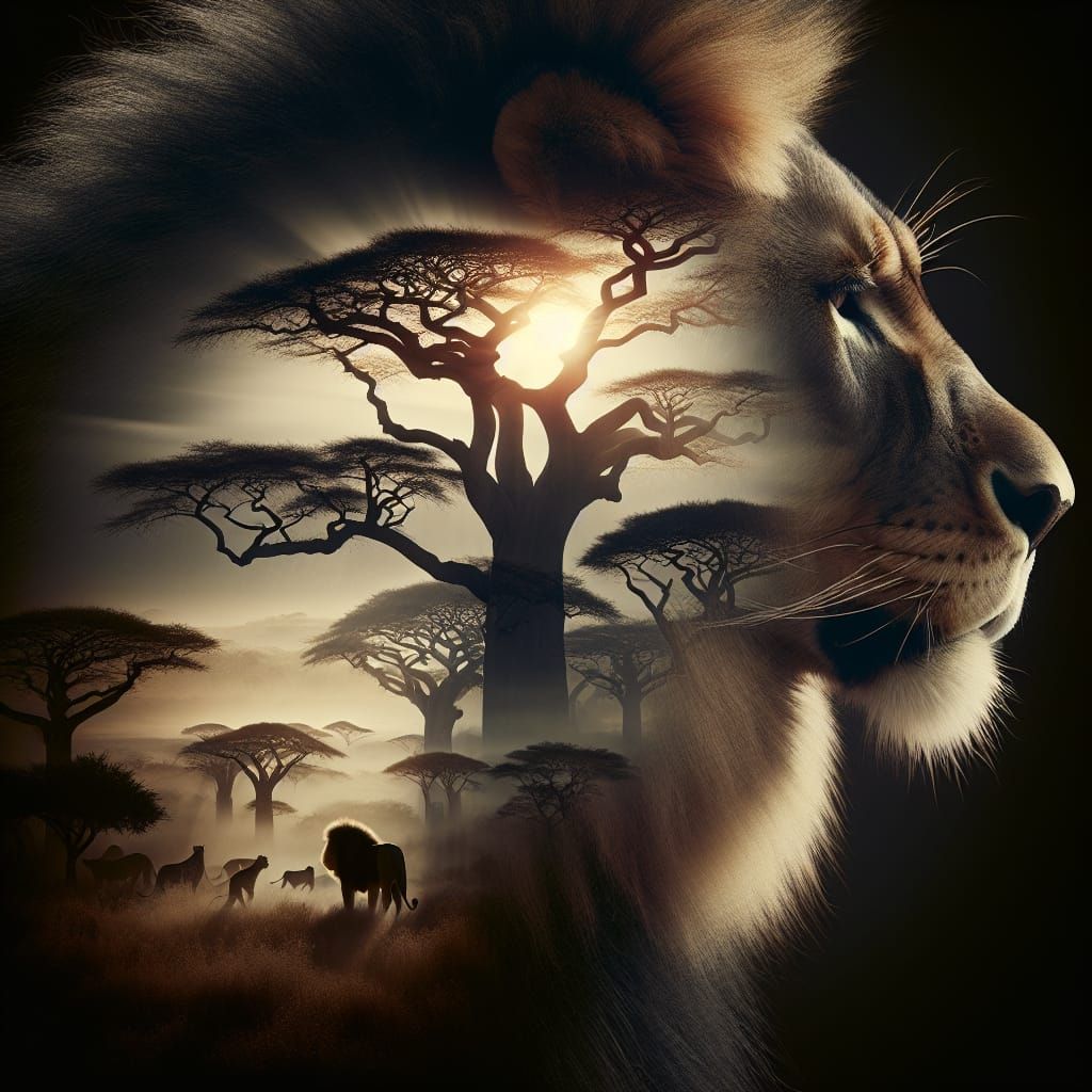 Lion Double Exposure: African Savanna in Stained Glass Style