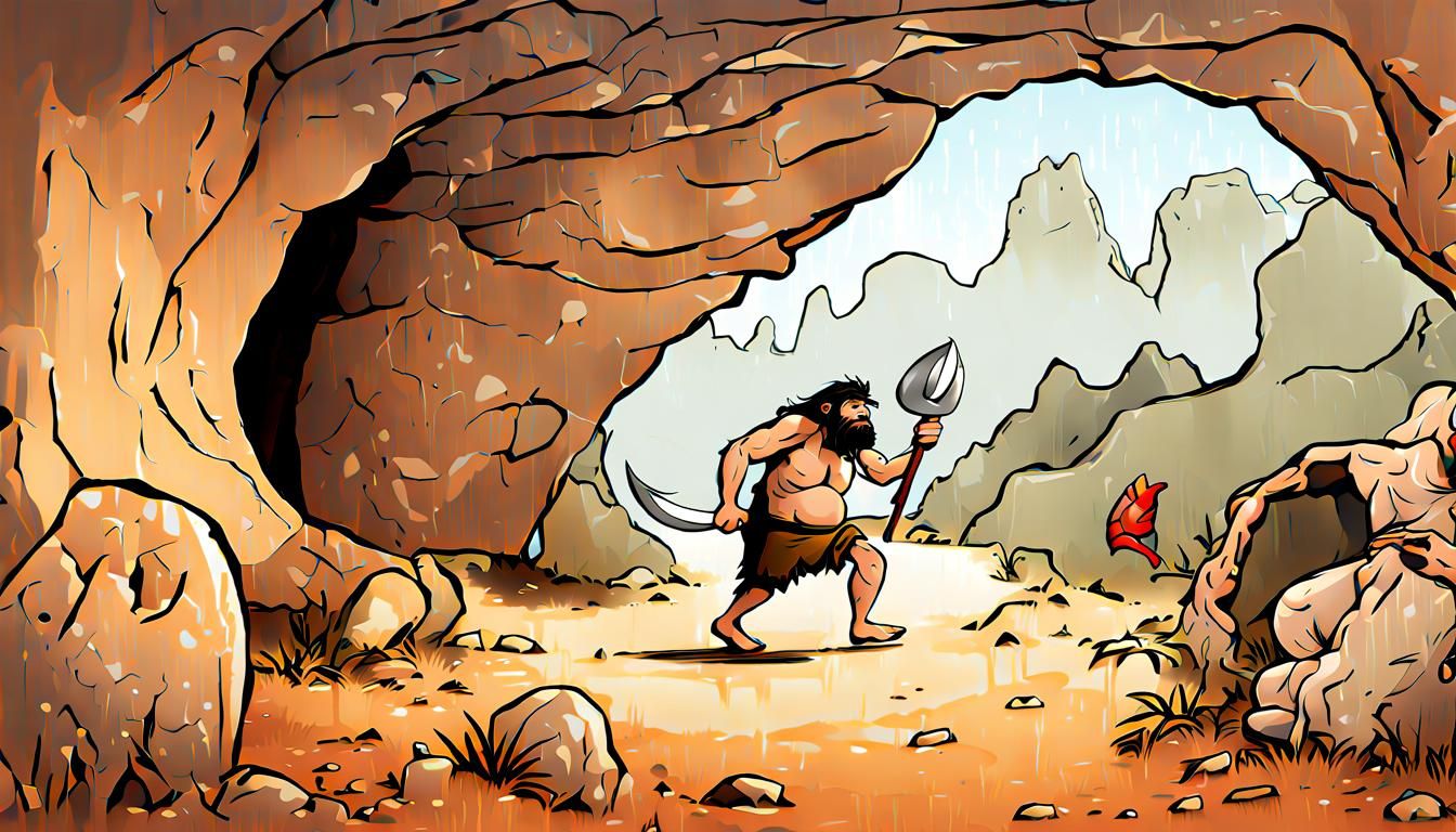 Caveman Hunting for Food in Prehistoric Landscape