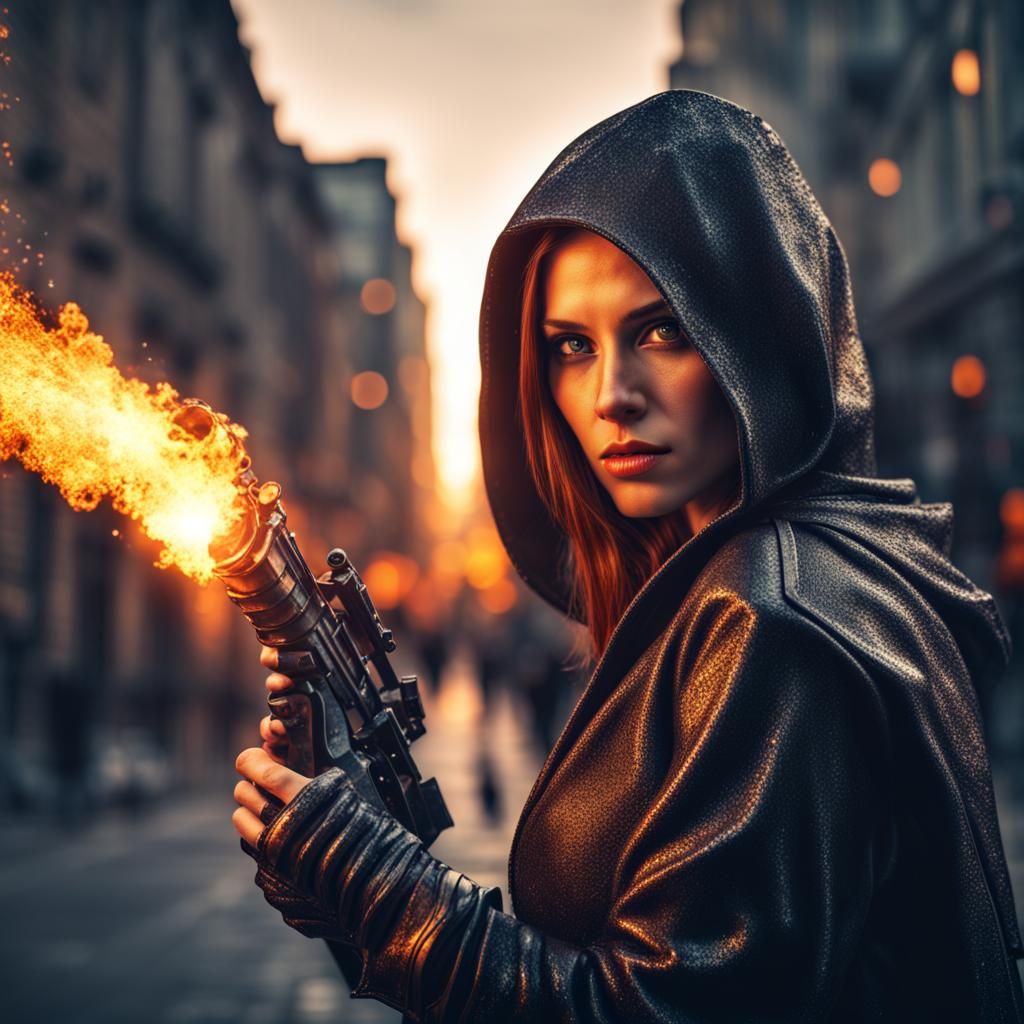 Assassin Woman with Fire Weapon in City