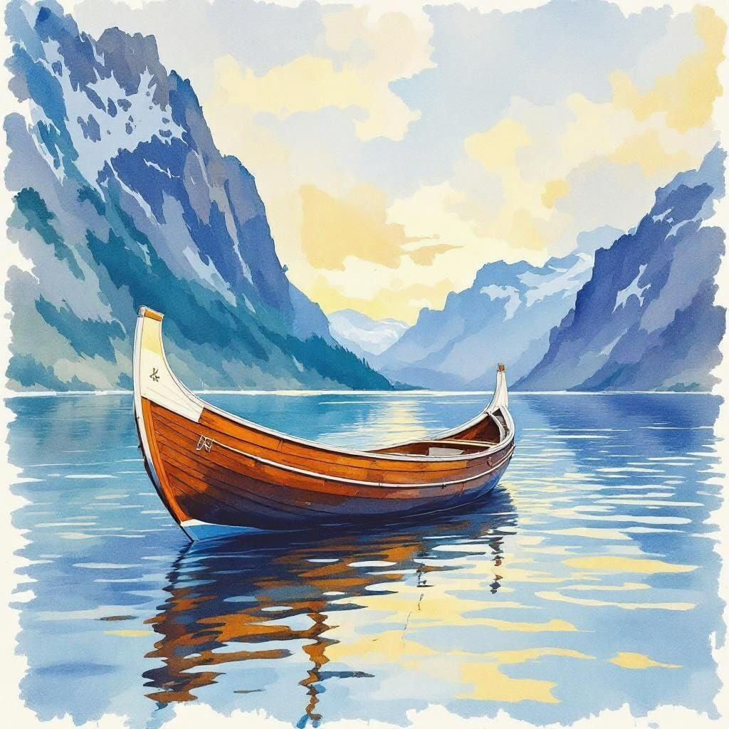 Norwegian Boat on Calm Waters, Watercolor Style