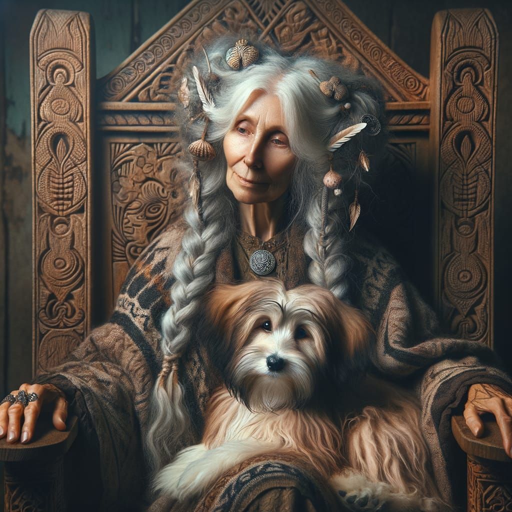 Elderly Witch with Puppy in Golden Light