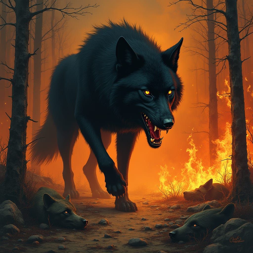 Black Wolf in Burning Forest: Dark Fantasy Art