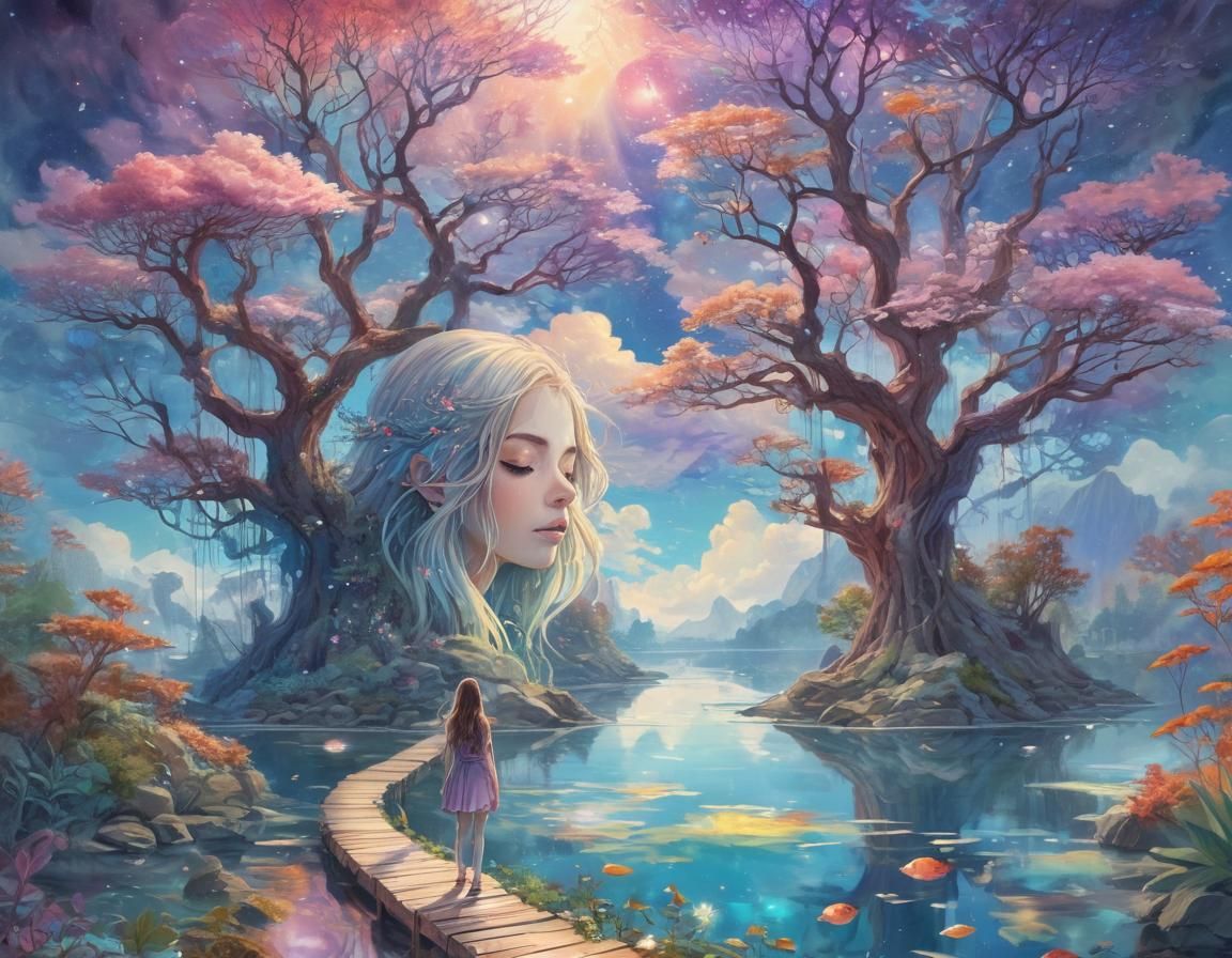 Girl in Vibrant Cosmic Dreamscape with Glowing Fish and Holo...