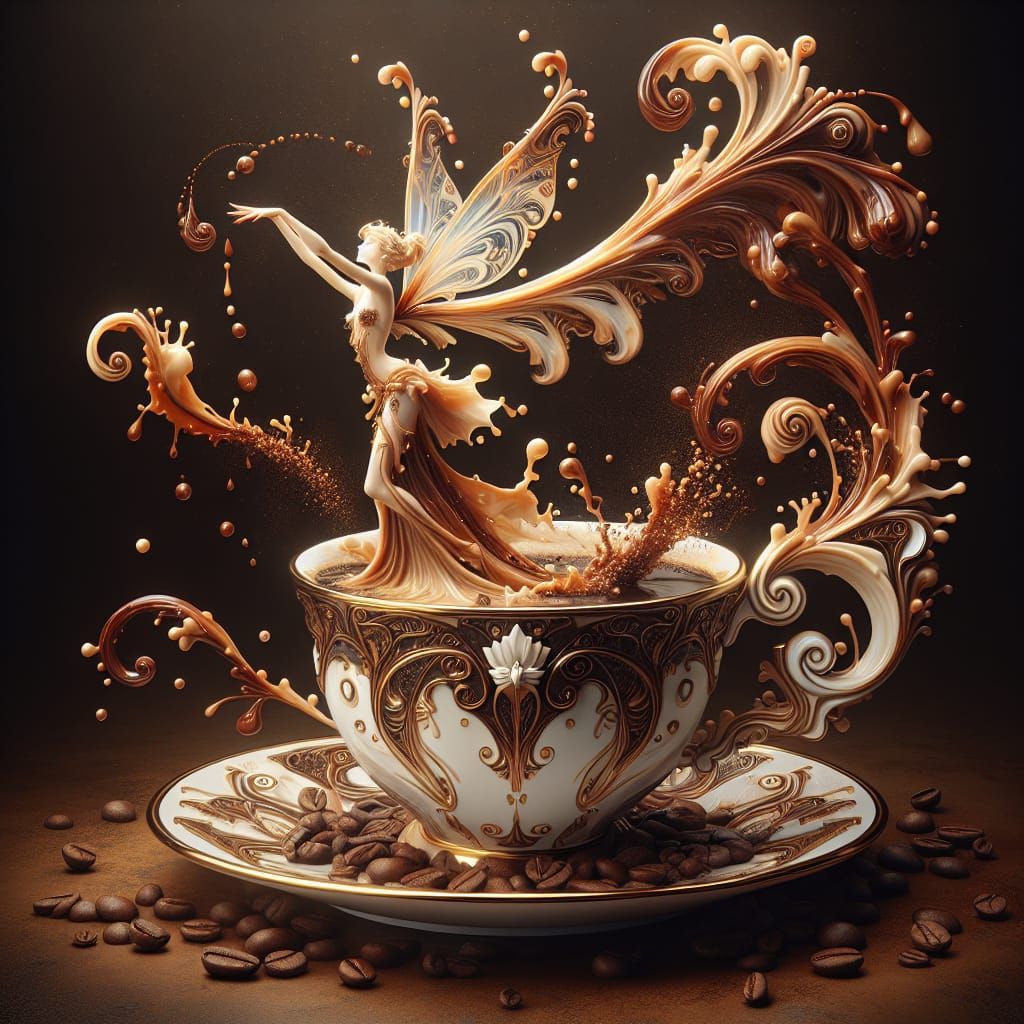 Dreamlike Art Nouveau Coffee Cup Scene in Luxurious Matte Pa...