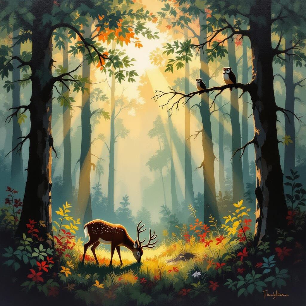 Misty Forest Sunlight with Deer and Owl, Neo-Impressionist S...