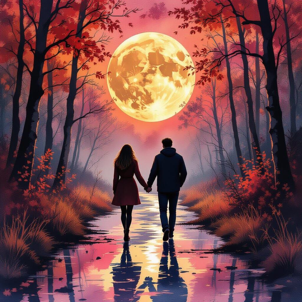 Couple Walks in Autumnal Woodland, Alcohol-Ink Style