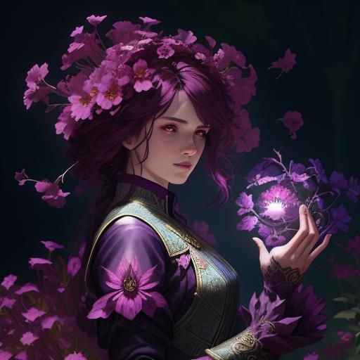 Goddess Blesses Magenta Flowers: Dark Fantasy Art
