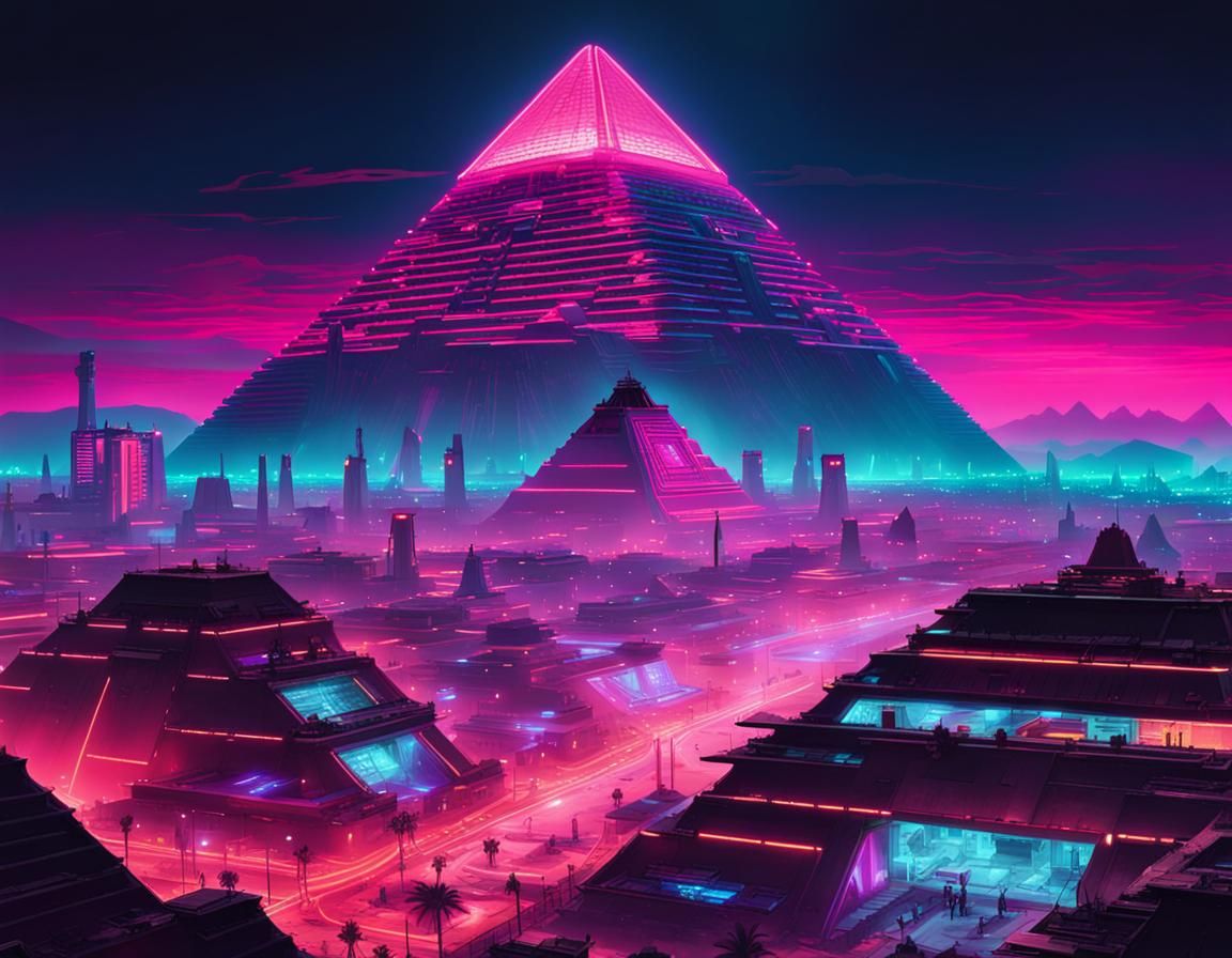 Neon Aztec Cityscape in Cyberpunk Style