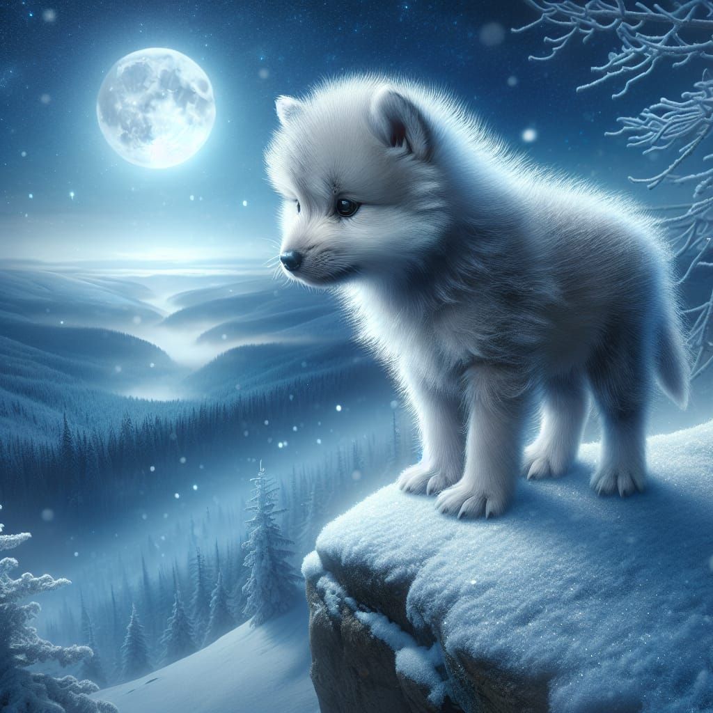 Adorable Wolf Pup in Moonlit Winter Landscape