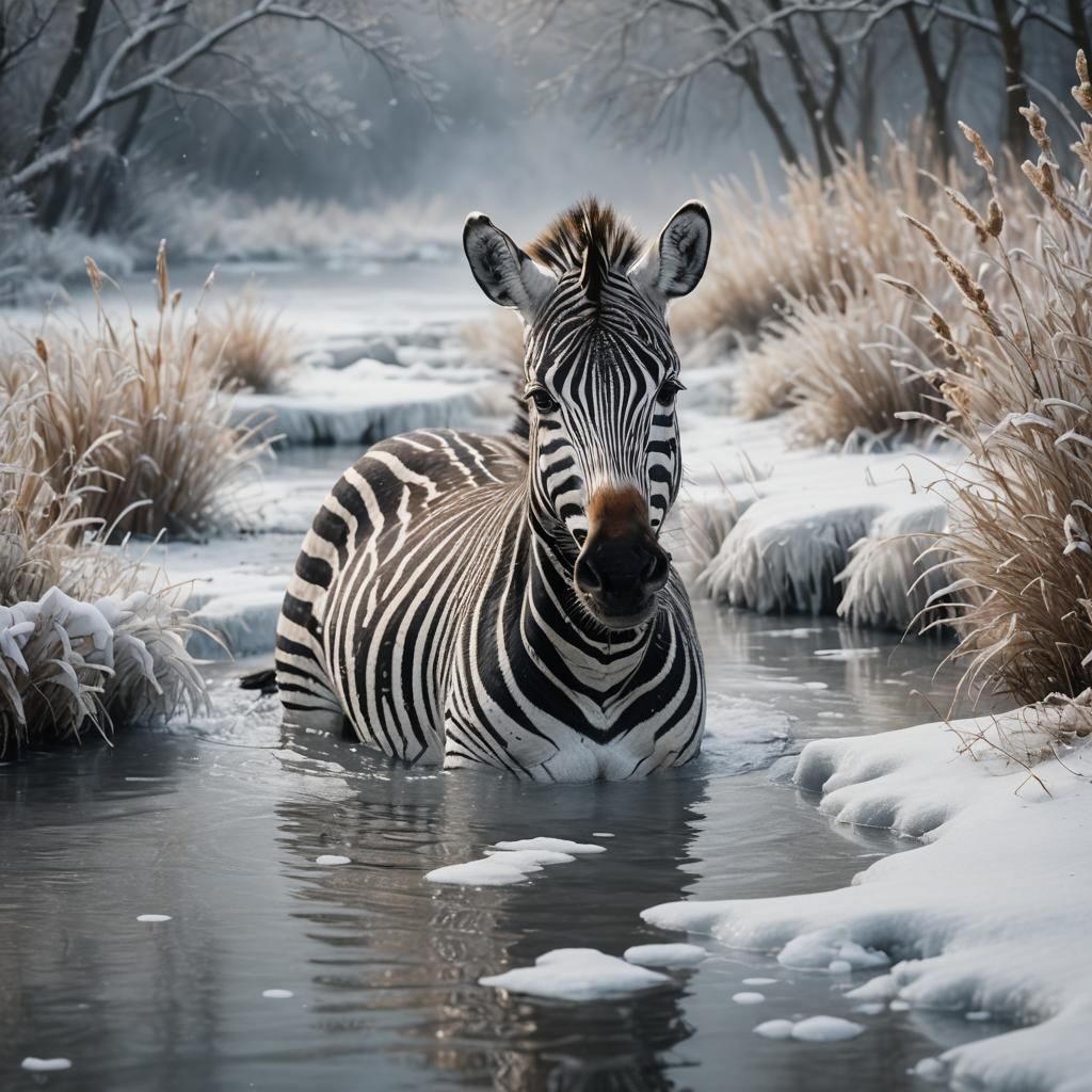 Camouflaged Zebra in Snowy Waters: Photorealistic Image