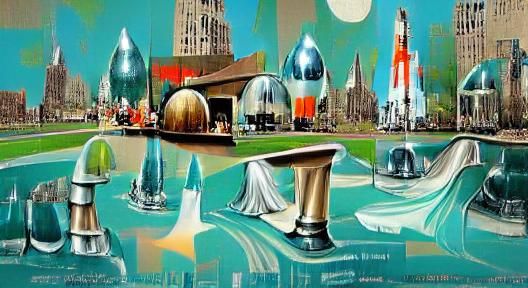 Ornate Silver Structure in Eerie Retro Cityscape