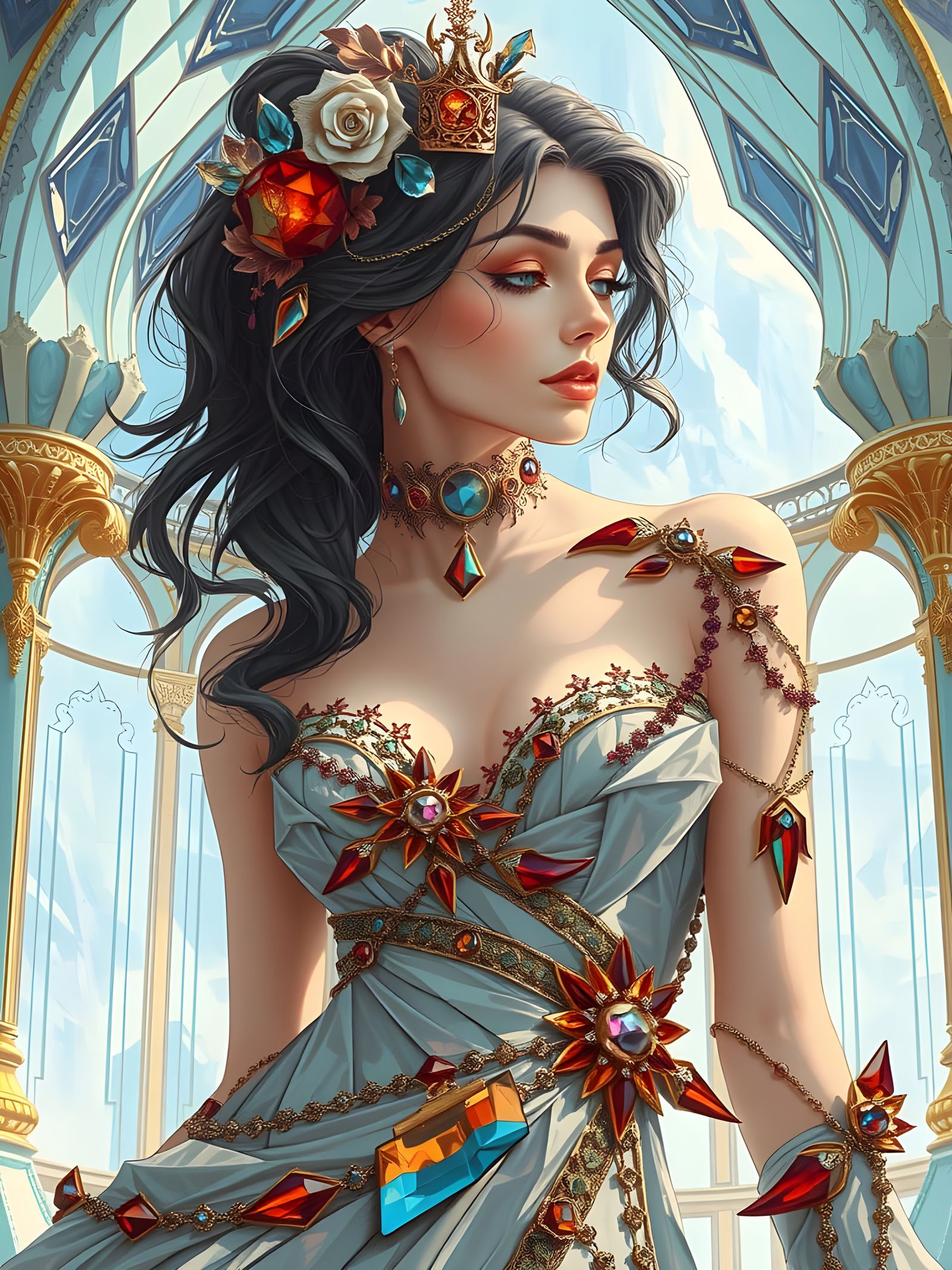 Beautiful Woman in Crystal Room with Glass Dress