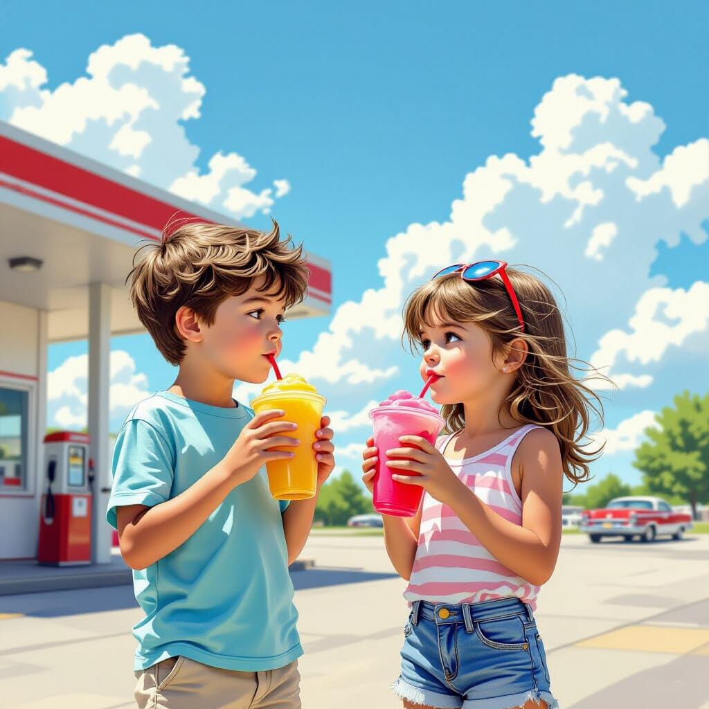 Children with Slushies: Hyper-Realistic Comic Book Scene